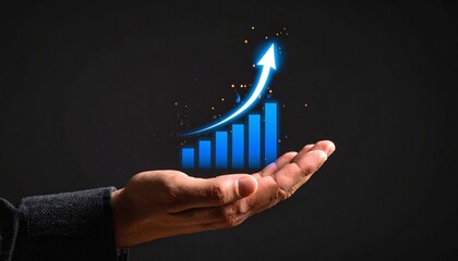 A rising chart in the shape of a blue flame rising above a man's hand on a dark background