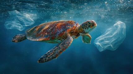 Fototapeta premium A sea turtle gliding gracefully through ocean waters, surrounded by floating plastic waste, highlighting marine pollution.