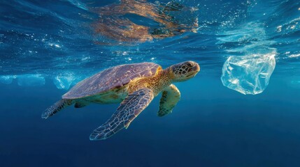 Fototapeta premium A sea turtle swimming gracefully through clear blue waters, encountering plastic waste that threatens marine life.