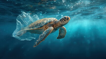 Obraz premium A sea turtle gracefully swims underwater, showcasing the beauty of marine life and the impact of ocean pollution.
