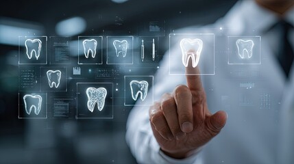 Doctor selecting highlighted virtual tooth icon among multiple options on futuristic interface representing advanced dental diagnostics