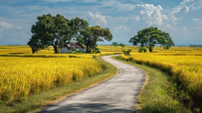 A scenic winding road through golden rice fields under a beautiful blue sky and fluffy clouds.