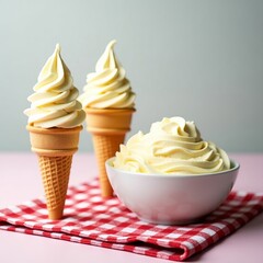 Deliciously creamy soft serve vanilla ice cream in waffle cones with a bowl of ice cream for serving 