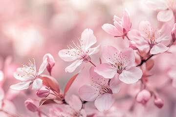 Photograph of peach blossoms. Cherry blossoms blooming. Sakura flowers are representative of Japanese flowers.