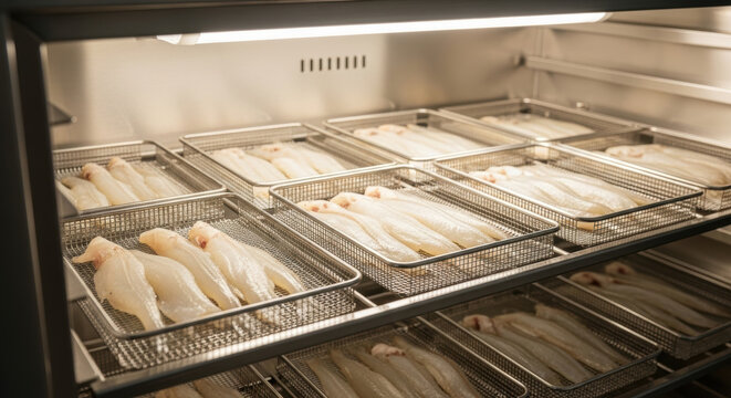 Fresh raw fish fillets arranged on metal trays inside commercial refrigerator under bright lighting in modern kitchen