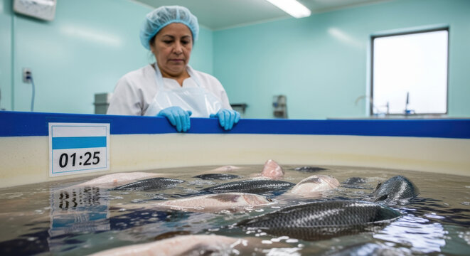 Female technician monitoring live fish in indoor aquaculture tank during water quality inspection in modern facility - Powered by Adobe