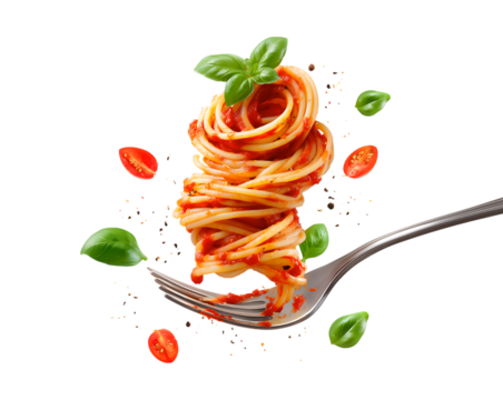 A fork with spaghetti, tomato sauce, and basil floating in the air isolated on a transparent background