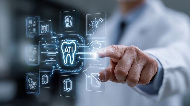 Doctor interacting with futuristic AI dental interface featuring glowing tooth icon and medical symbols representing advanced diagnostics