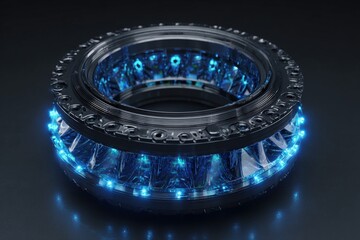 Magnetic bearing compressor levitating rotor without friction, glowing blue stabilization fields 