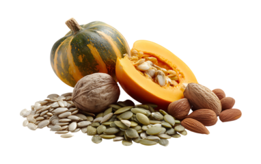 Fruit and nuts, pumpkin seeds, sunflower seeds, almonds isolated on a transparent background