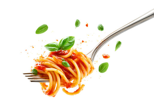 spaghetti floating in the air with tomato sauce, and basil  isolated on a transparent background
