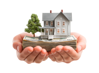 Hands holding houses and money for investment or real estate isolated on a transparent background