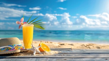 Refreshing tropical drink on a sunny beach with turquoise sea backdrop creating a serene coastal escape