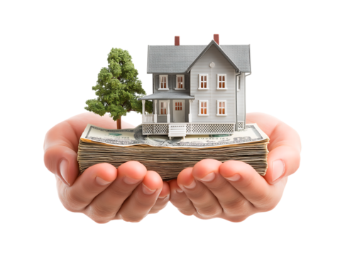 Hands holding houses and money for investment or real estate isolated on a transparent background