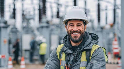 A smiling construction worker in a helmet, showcasing safety and professionalism at an electrical facility.