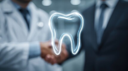 Doctor and business professional shaking hands with glowing virtual tooth icon representing dental partnership and healthcare collaboration