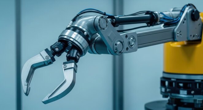 Advanced robotic arm with metallic precision gripper for automated industrial assembly and manufacturing processes in high tech engineering environments