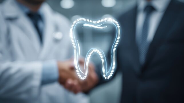 Doctor and business professional shaking hands with glowing virtual tooth icon representing dental partnership and healthcare collaboration