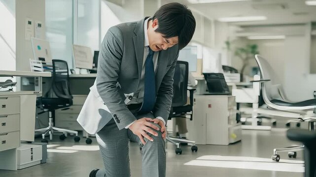 オフィスで片膝をつき、膝の痛みに耐えるビジネスマン