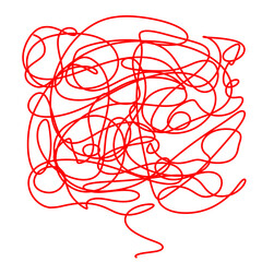 Hand draw red chaotic scribble in the form of speech bubble. Over thinking concept. Doodle line on transparent background.  