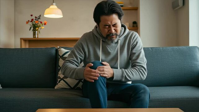 ソファーに座った男性が、膝の痛みをこらえている