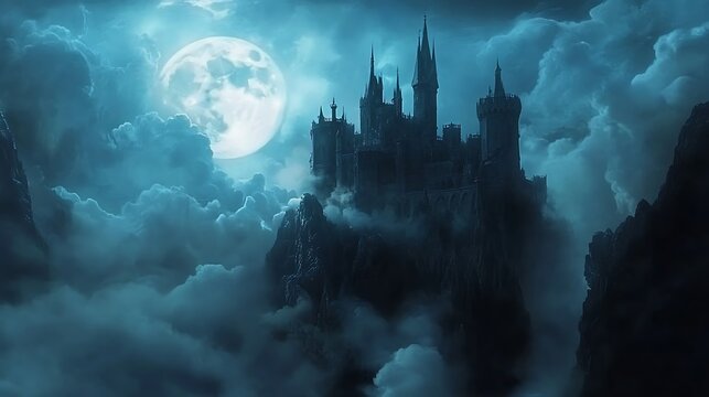 Mysterious floating castle under moonlight