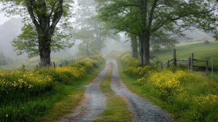 Obraz premium A tranquil gravel road surrounded by trees and yellow flowers, shrouded in morning mist, inviting peaceful walks.