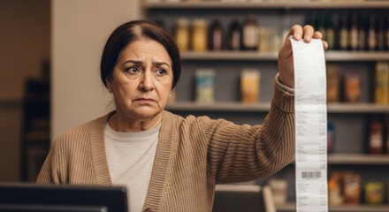 Concerned middle aged woman holding a long receipt in a grocery store with shelves of products in the background