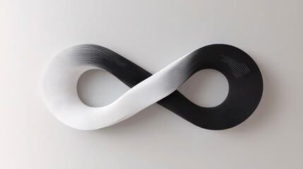 Abstract infinity symbol rendered in black and white,  a continuous loop suggesting endlessness and eternity.