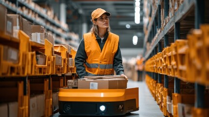 A warehouse worker operates a robotic cart for efficient package delivery among shelves filled with boxes.