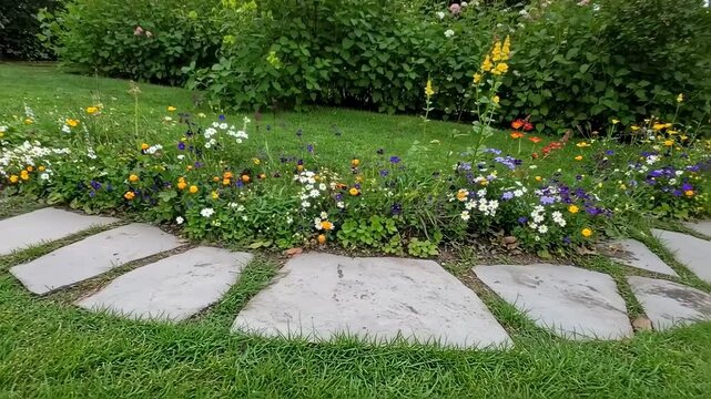 Colorful flower bed bordered by a flagstone pathway