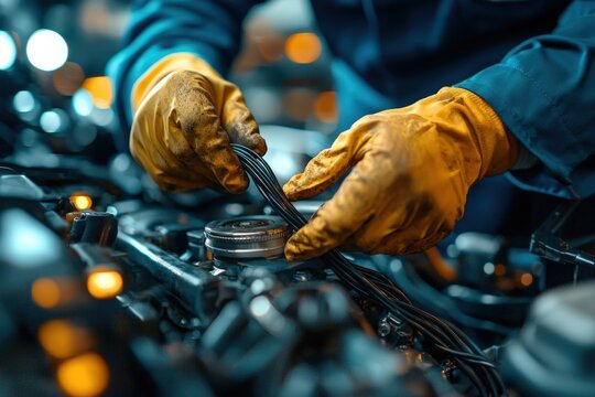 Technician working on motorcycle engine wiring system at dusk