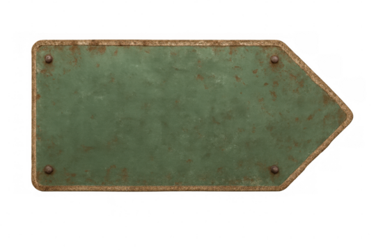 Weathered green metal directional arrow with rivets, pointing rightward, conveying nostalgic industrial design against transparent backdrop