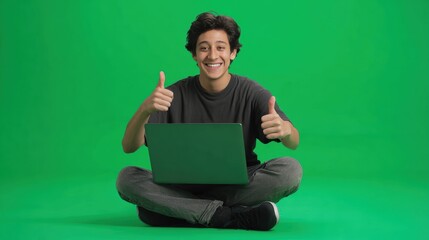 A young man sitting cross-legged on the floor, smiling and giving thumbs up while using a laptop on a green background.
