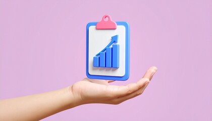 3D clipboard + graph combination icon floating above a hand