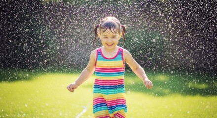 Smiling Caucasian little girl in colourful striped dress running through backyard garden sprinkler enjoying summer water fun outdoors