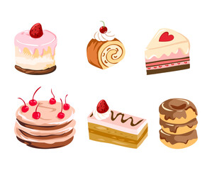 Hand Drawn Cute Cake Clipart Strawberry, Cherry, Roll Cake, Layer Cake, Donuts, Dessert Vector Illustration