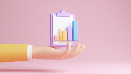 3D clipboard + graph combination icon floating above a hand