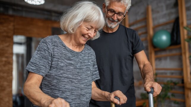 An elderly woman uses a walker with support from her trainer, showcasing strength and dedication to fitness and health.