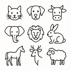 Obraz premium Explore a delightful set of animal icons featuring cats, dogs, and elephants. Perfect for children’s books, wildlife designs, and educational materials. High-quality vector art with a minimalist, char