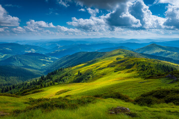 Obraz premium Rolling green hills and mountain ranges under a partly cloudy sky