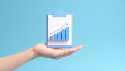 3D clipboard + graph combination icon floating above a hand