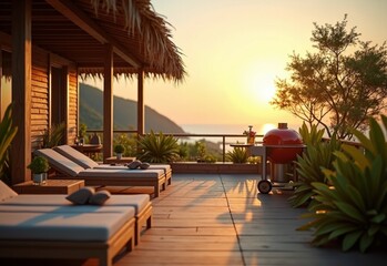Fototapeta premium Tropical Rooftop with BBQ grill during soft light