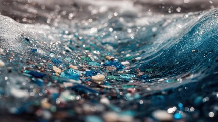 Close-up photo of ocean water filled with colorful plastic debris, showcasing pollution's impact on marine life.