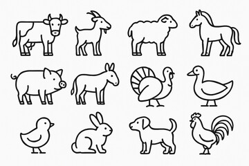 Fototapeta premium Explore a charming set of farm animal icons featuring cows, goats, and chickens. Perfect for agricultural designs, children’s books, and rural themes. High-quality vector art with a minimalist, clean 