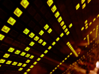 A vibrant rows of bright digital squares is neatly lined up formation on dark background 