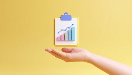 3D clipboard + graph combination icon floating above a hand
