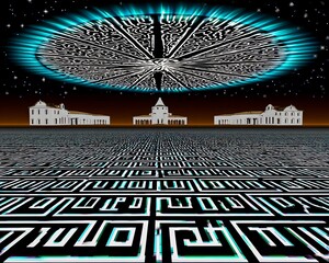 Hightech mandala A surreal scene featuring an intricate pattern beneath an alien craft.