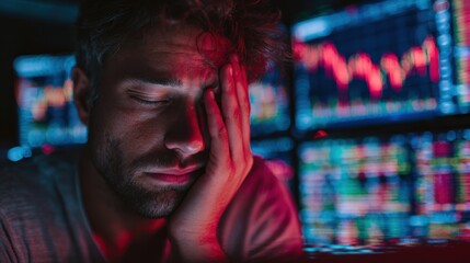 Exhausted trader overwhelmed by market fluctuations and financial stress in front of digital stock charts.