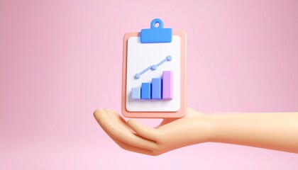 3D clipboard + graph combination icon floating above a hand